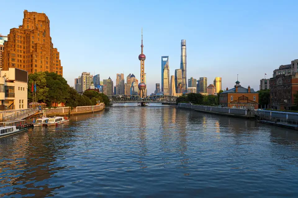 Suzhou Creek and Waibaidu Bridge with Shanghai’s waterfront and the Pudong skyline beyond