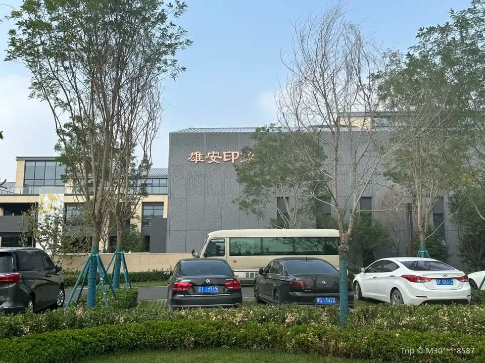 The Xiong’an Impression exhibition building behind trees, with parked vehicles in front of the facade.